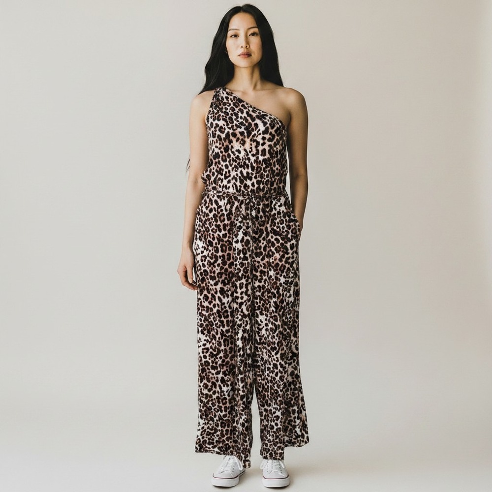 Eye Candy Leopard Print One Shoulder O-Ring Jumpsuit Wide Leg Belted Large